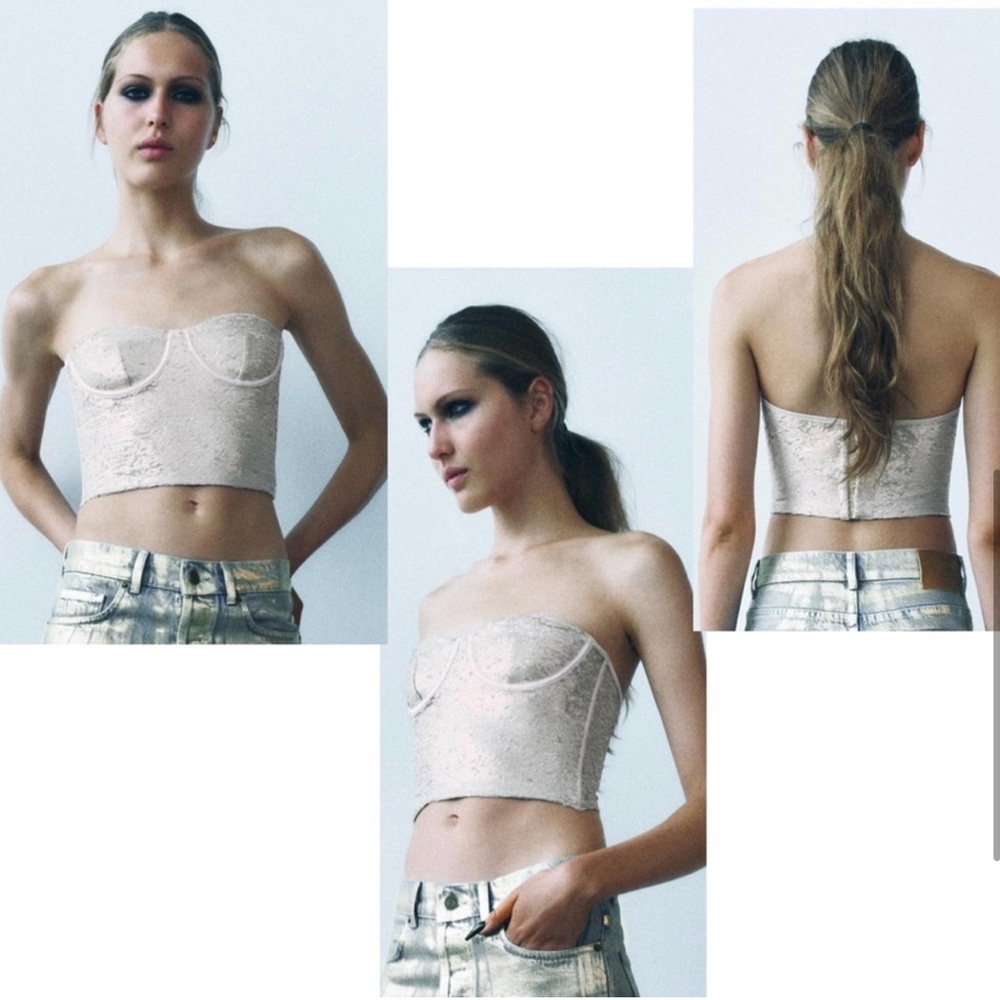 Zara cream champagne sequin corset bustier crop top sparkly Sz L new no tags